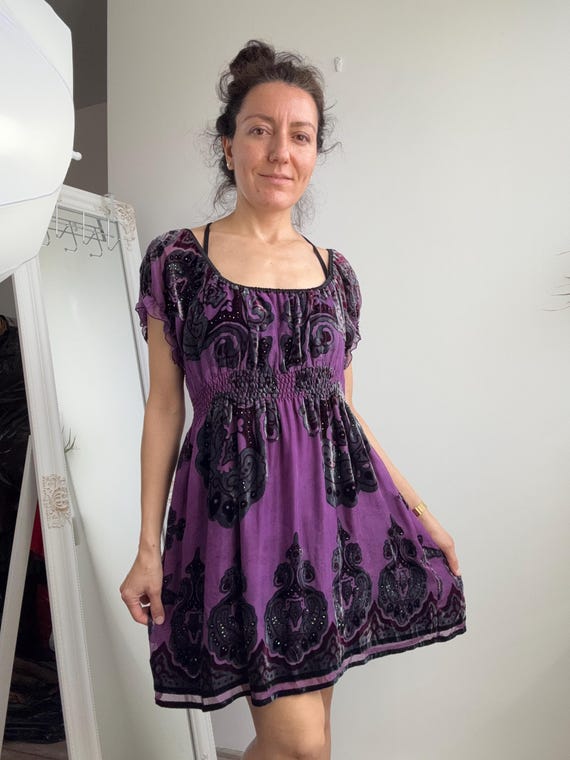 Vintage Silk Velvet Devoré Dress, Purple Paisley Beaded Burnt Velvet Dress, Whimsigoth Off The Shoulder Empire Waist Boho Mini Dress S M