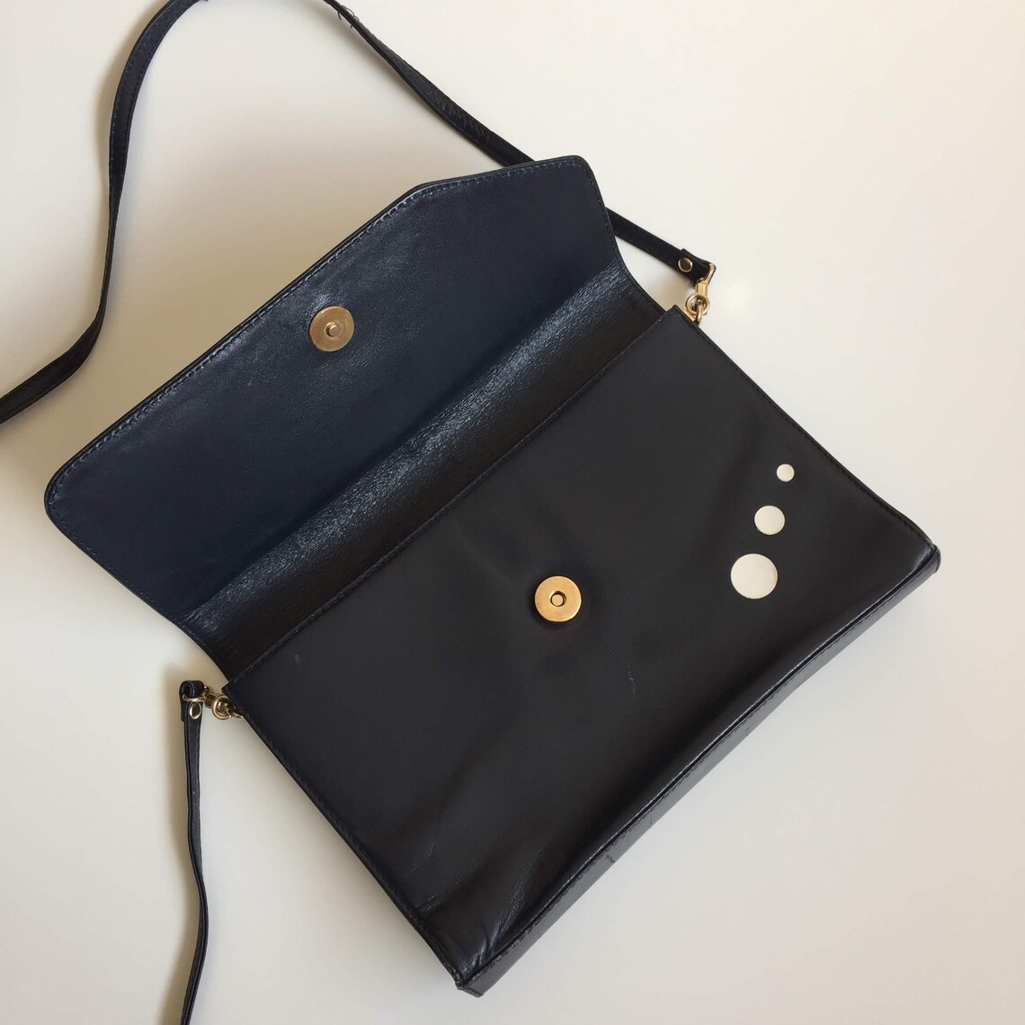 Navy Blue Slim Leather Purse, 80s Clutch Wallet, Genuine Leather Crossbody Bag, Structured Handbag, Shoulder Purse, Vintage Clutch, foto 4 di 5