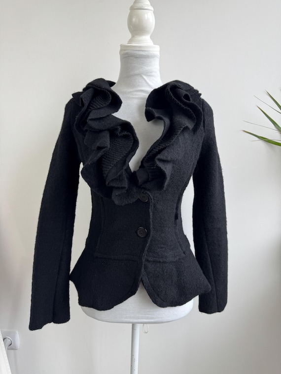 Vintage Italian Boiled Wool Ruffle Jacket, Black Peplum Blazer with Oversized Frill Collar, Romantic Goth Victorian Style Cardigan Size S
