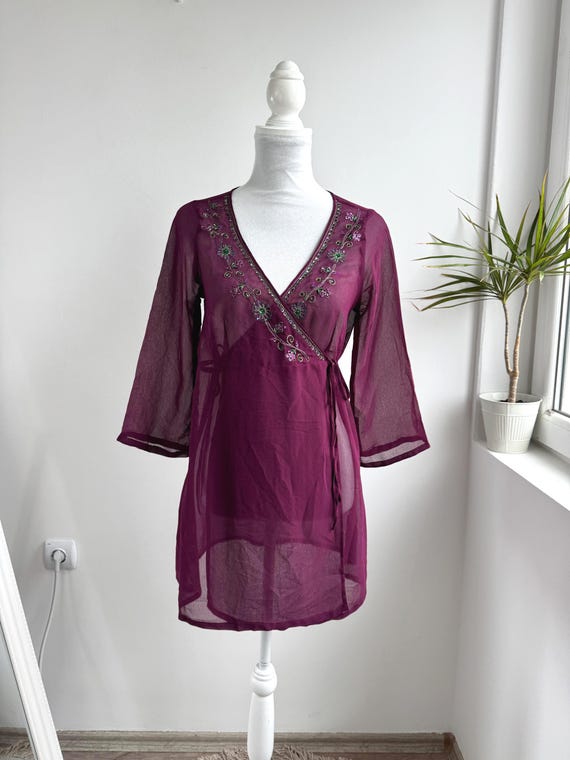 Purple Embroidered Wrap Tunic, Beaded Sequin Boho Blouse, Y2K Sheer Chiffon Top, Lindex Vintage Wrap Top, Floral Embroidery Festival Shirt S