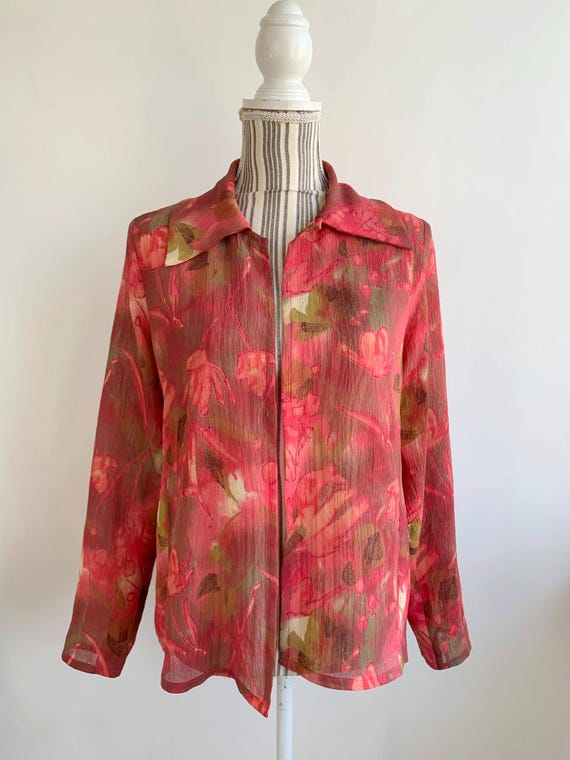 Vintage Y2K Red Yellow Pink Floral Open Front Shirt Size M, Sheer Summer Collared Top, Boho Grunge Mesh Overshirt, See Through Light Jacket