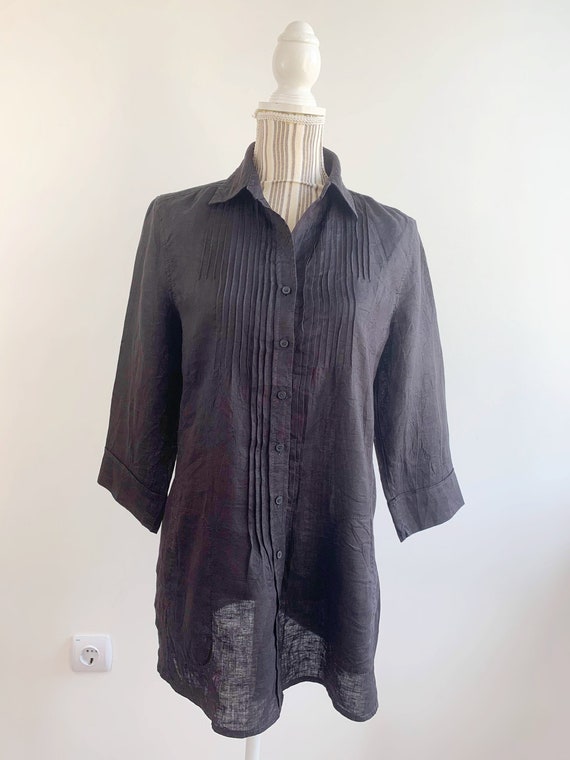 Vintage Black Linen Shirt for Women Size S, Pure Linen Tunic, Long Linen Shirt, Collared Linen Blouse 3/4 Sleeves, Linen Clothing