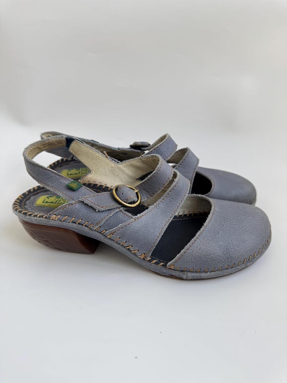 Vintage Light Blue Leather Sandals El Naturalista Slingback Mary Janes, Low Chunky Heel Boho Comfort Shoes Wide Round Closed Toe Mule Pumps