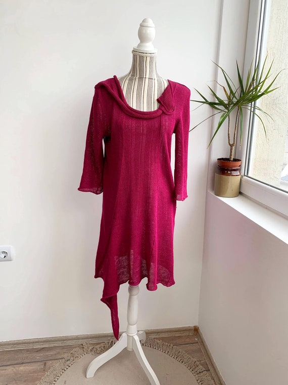 Zuza Bart Fuchsia Linen Dress Size M, Vintage Y2K Linen Knitted Dress, 3/4 Sleeve Asymmetrical Linen Pullover Dress, Linen Tunic Sweater