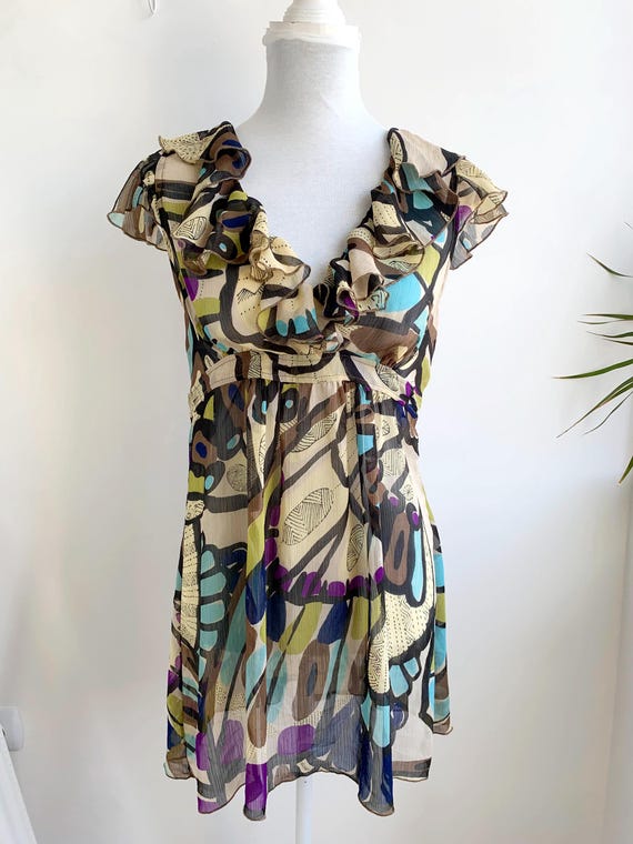 Vintage Roberta Puccini Baroni Sheer Tulle Top Size S Beige Brown Teal Ruffled Collar Mesh Tunic Abstract Cap Sleeve Boho Grunge Blouse