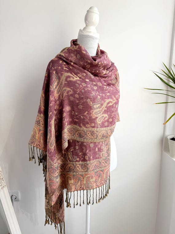 Vintage 90s Y2K Paisley Pashmina Shawl, Reversible Pink & Beige Oblong Scarf, Large Bohemian Tasseled Wrap, Double Sided Oversized Stole