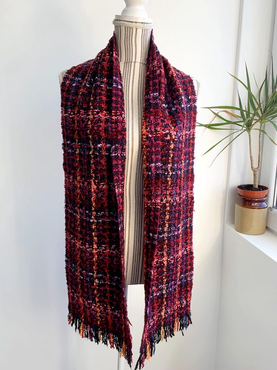 Vintage 90s Checkered Tweed Boucle Scarf, Mens Woven Neck Scarf, Burgundy Red Plaid Scarf, Tartan Winter Scarf, Soft Fluffy Unisex Scarf