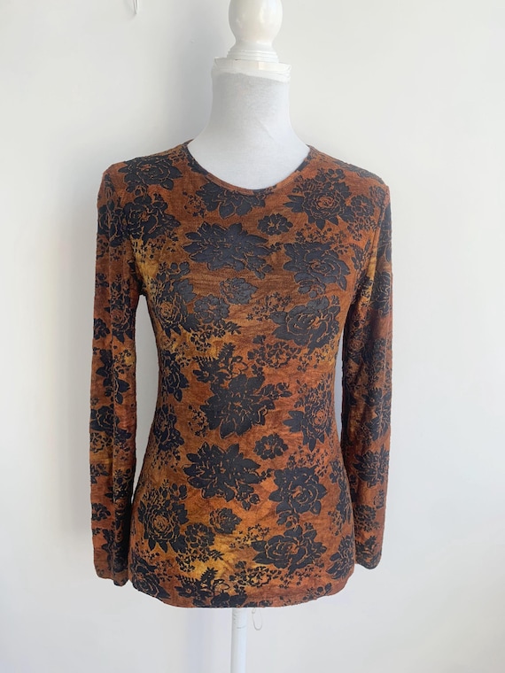 Vintage 90s Y2K Black Sheer Mesh Top Size S, Burnt Orange Floral Print Whimsigoth Blouse, Long Sleeve Retro Fairycore Aesthetic Shirt
