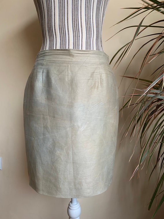 Vintage Beige Light Blue Pencil Skirt, Linen Silk Blend Mini Skirt, Textured Preppy Work Skirt, Back Slit Above the Knee Skirt Size M