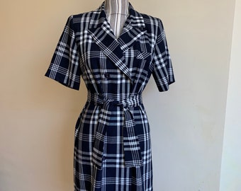 Vintage 90s Checkered Button Up Dress with Tie Belt, Navy Blue and White Modest Short Sleeve Collar Shirt Dress, Plaid Preppy Blazer Dress