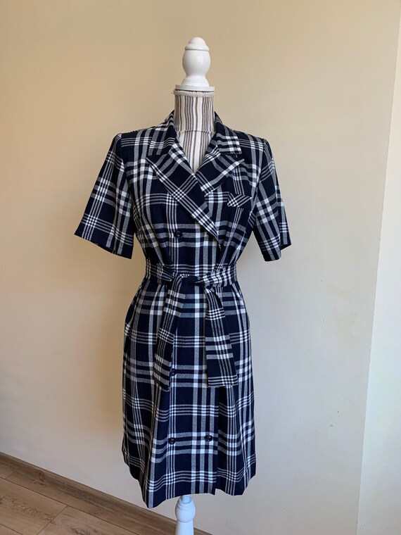 Vintage 90s Checkered Button Up Dress with Tie Belt, Navy Blue and White Modest Short Sleeve Collar Shirt Dress, Plaid Preppy Blazer Dress