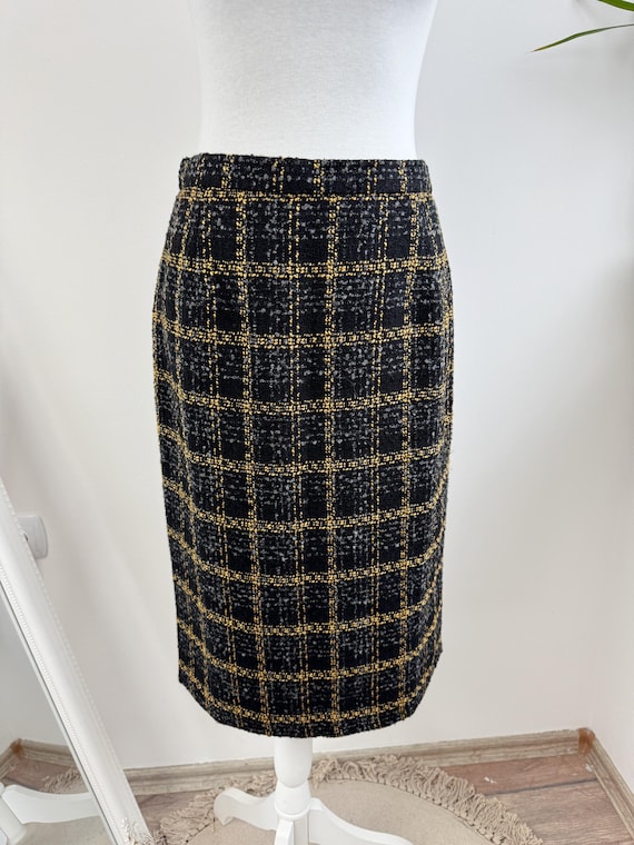 Vintage Gold Bouclé Pencil Skirt Size S/M, 80s 90s Black Grey Plaid Tweed Wiggle Skirt, Elegant Retro Office Knee Length Winter Skirt