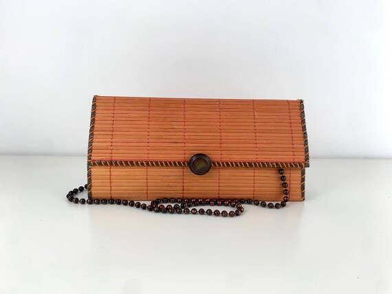 Wooden Clutch Bag, Vintage Natural Wood Purse, 70s Festival Basket Bag, Orange Brown Summer Bag, Woven Bamboo Handbag, Hippie Shoulder Bag