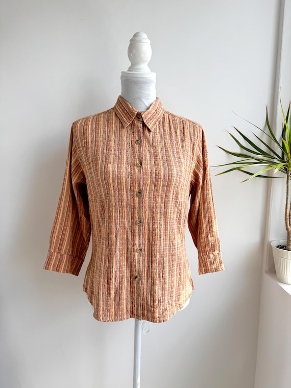 Vintage 90s Columbia Striped Button Up Shirt Women, Boho Earthy Blouse, Collared Cottagecore Top, Crepe Cotton Retro Women's Shirt Size M L