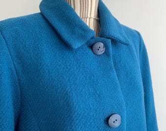 Vintage 60s 70s Turquoise Blue Wool Coat Size S M, Collared