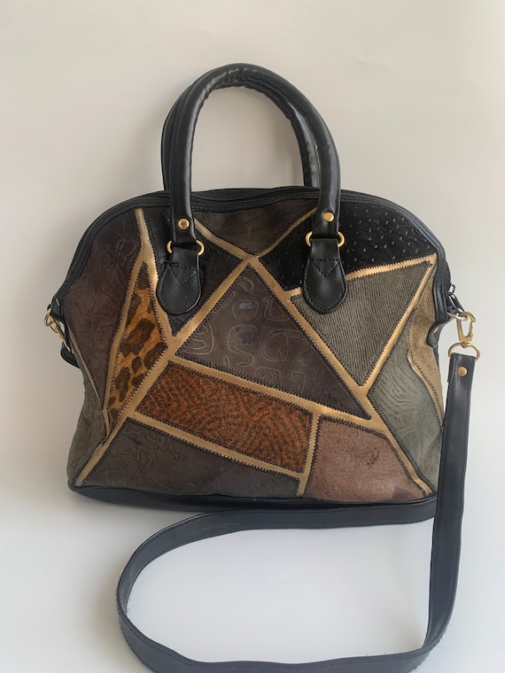 Vintage Gold Brown Patchwork Leather Handbag With Zipper, Medium Size Boho Shoulder Purse with Top Handle, Bohemian Crossbody Bag for Women