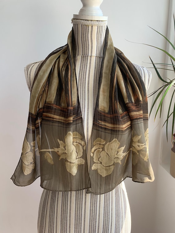 Vintage Sheer Silk Scarf, Lightweight Neck Scarf, Long Silk Scarf, Striped Floral Scarf Women, Mesh Head Scarf, Gift For Her, 90s Accessory