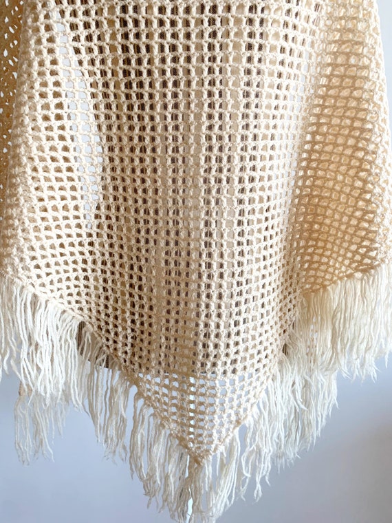 Vintage Ecru Crochet Shawl With Tassels, Cream Wi… - image 4