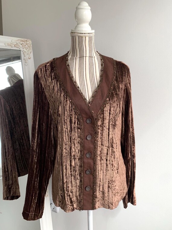 Vintage 90s Y2K Velvet Blazer for Women Size L, Brown Beadwork Cropped Velvet Coat, Spring Fall Elegant V Neck Beaded Lace Velveteen Jacket