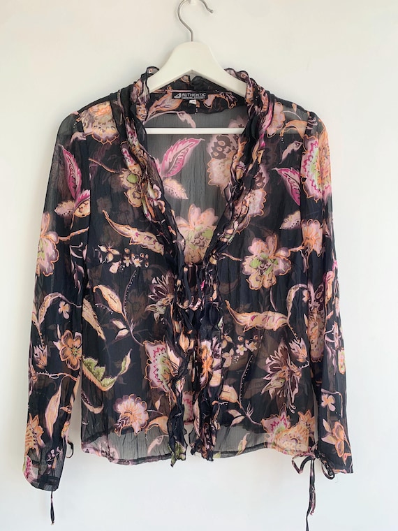 Vintage Black Floral Ruffle Blouse Size S M, Y2K Sheer Chiffon Top, Boho Hippie Shirt with Tie Cuffs and Front V-Neck Blouse, 90s Tulle Top