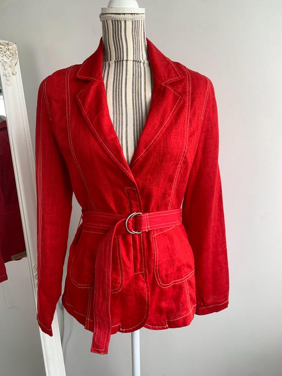 Vintage Women's Red Linen Blazer Size M, Collared Linen Jacket, Summer Casual Belted Jacket, V Neck Linen Coat, Elegant Summer Officewear