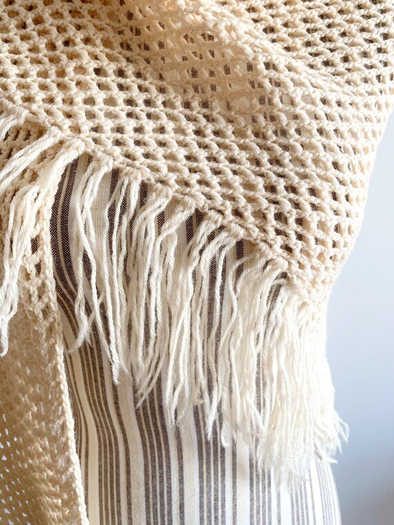 Vintage Ecru Crochet Shawl With Tassels, Cream Wi… - image 9
