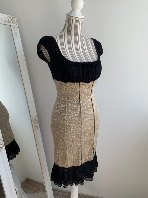 Vintage 90s Y2K WHEELS & DOLLBABY Black Beige Lace Dress, Slim Fit Mini Dress Size XS, Embroidery Anglais Romantic Core Sexy Bodycon Dress