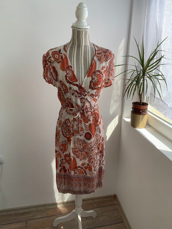 Vintage Summer Wrap Dress Size M, Paisley Tie Up Belted Midi Dress, V Neck Short Sleeve Floral Sun Dress, Orange Brown Sheer Boho Day Dress