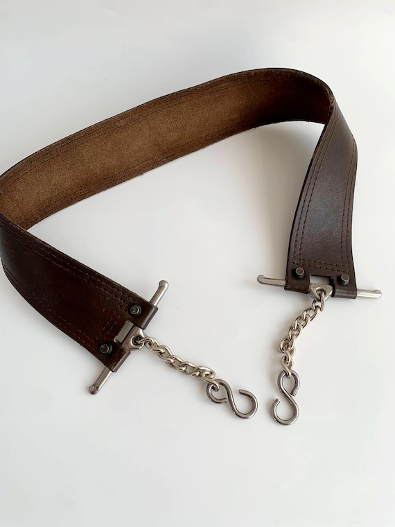 Vintage Y2K Brown Obi Belt for Women, Real Leather Extra Wide Waist Belt, Interlocking Buckle Silver Chain Belt, Drop Waist Renaissance Belt