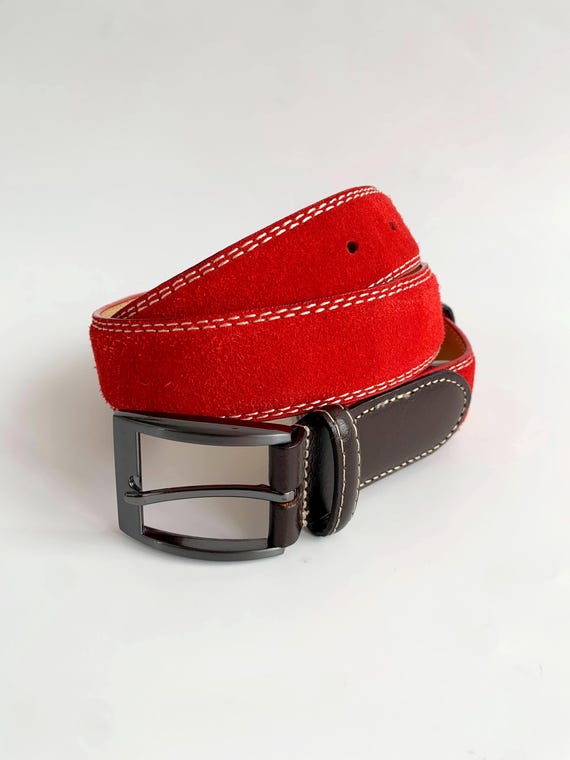 Vintage Y2K Red Suede Mens's Belt 110 cm / 43", Soft Suede Men's Leather Belt, Real Suede Jeans Trouser Belt With Buckle Gift for Him