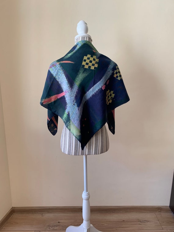 Large Square Neck Scarf, Vintage Painted Scarf, Colorful Sheer Head Scarf, Abstract Geometric Print Neckerchief, Psychedelic Scarf