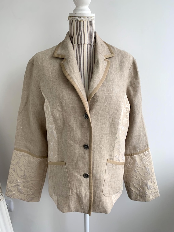 Vintage Y2K Brocade Cotton Linen Blazer For Women Size XL, Beige Lurex Jacquard Jacket, Unlined Lapel Collar Coat, Spring Office Outerwear