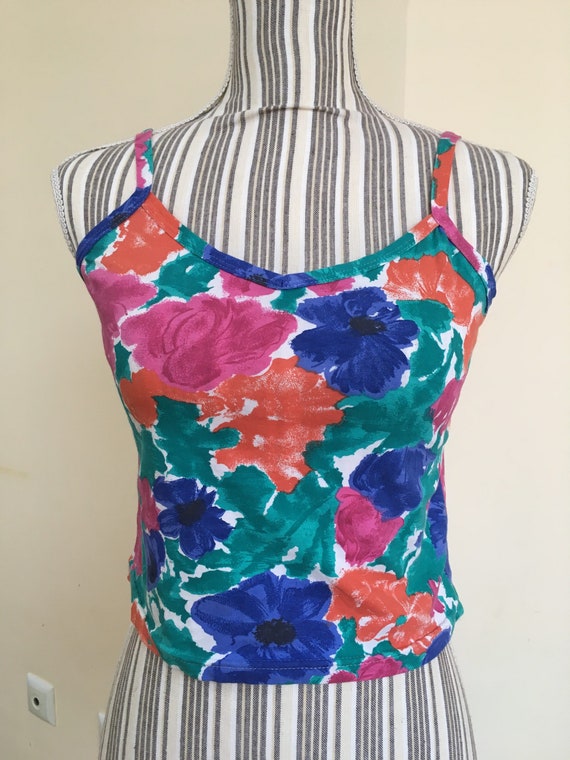Vintage Floral Crop Top for Women Size S, Short Stretchy Cotton Cami Top, Spaghetti Straps Sleeveless Summer Top, Casual Skinny Tank Top
