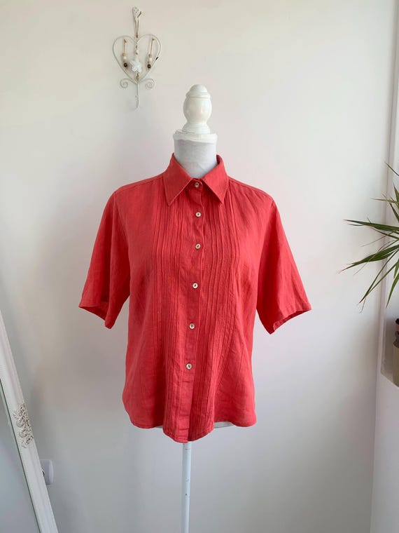 Salmon Pure Linen Short Sleeve Shirt Size L, Vintage Button Up Blouse with Collar, Casual Shirt For Women, Summer Office Clothes, Flax Top