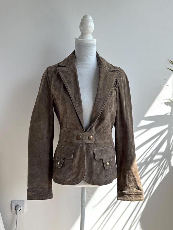 Vintage Taupe Brown Suede Jacket for Women, 00s Notched Lapel Collared V Neck Fitted Real Suede Leather Blazer Retro Boho Safari Coat Size S