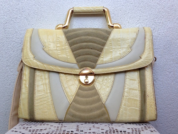 Vintage Cream Beige Genuine Leather Shoulder Satchel Purse, 80s Off White Textured Ladies Briefcase