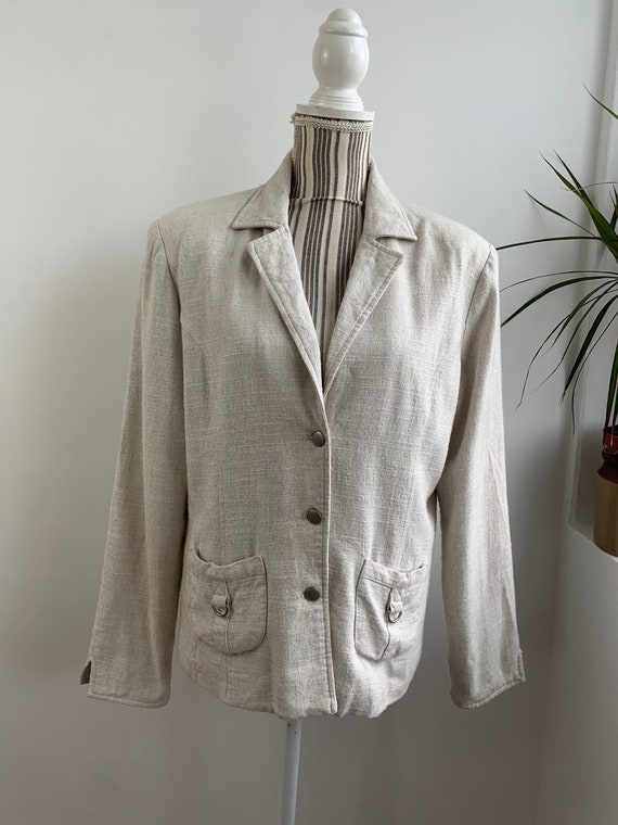 Vintage 90s Cream Viscose Linen Coat for Women Size XL, Nude Beige Collared Button Up Blazer, Plus Size Casual Boyfriend Long Sleeve Jacket