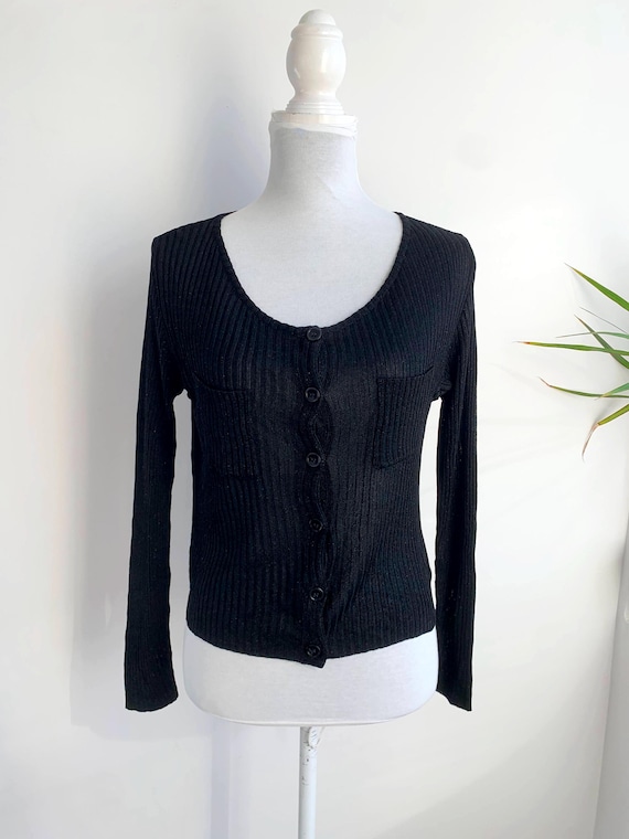 Vintage Italian Max & Co. Active Black Ribbed Knit Cardigan Women's Size M, Silver Shimmer Fitted Long Sleeve Button Front Sweater Top