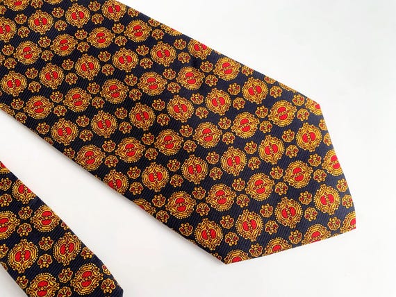 Vintage Enrico Coveri 100% Silk Necktie, Navy Blue Gold Red Medallion Print Classic Men's Tie Made in Italy, Formal Business Suit Neck Tie