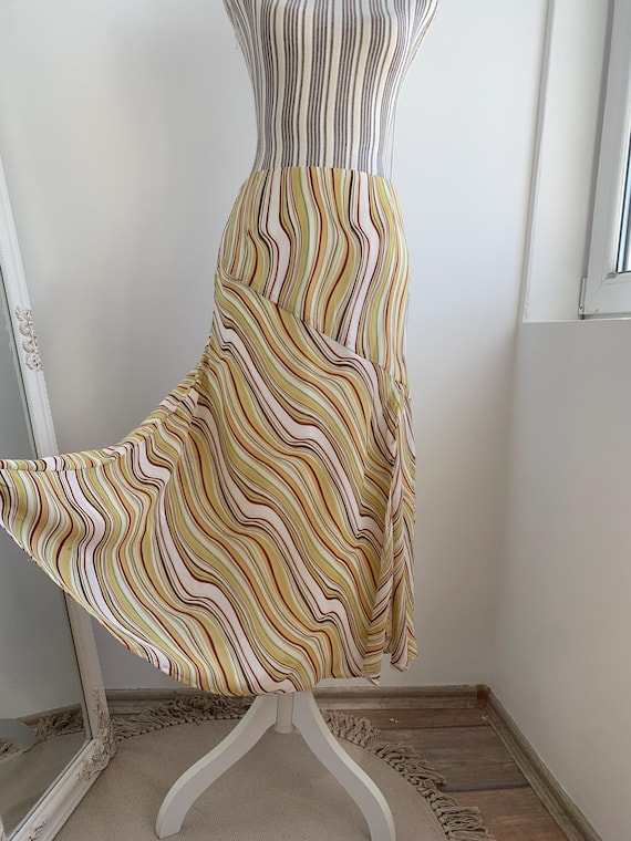 Vintage 90s Y2K Midi Skirt Size S, Yellow Striped Asymmetrical Skirt, Front Slit Grunge Skirt, Long Lined A Line Skirt, Flared Summer Skirt