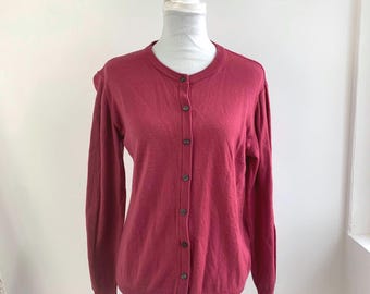 Cárdigan vintage Peter Hahn de pura lana de Tasmania, talla L de mujer, color magenta y rosa baya, estilo años 90 (grannycore/grandmacore).