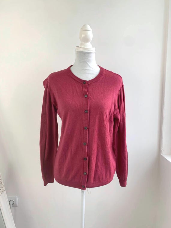 Vintage Peter Hahn Pure Tasmanian Wool Cardigan Women's Size L Large, Magenta Berry Pink Knit Sweater, 90s Grannycore Grandmacore Jumper