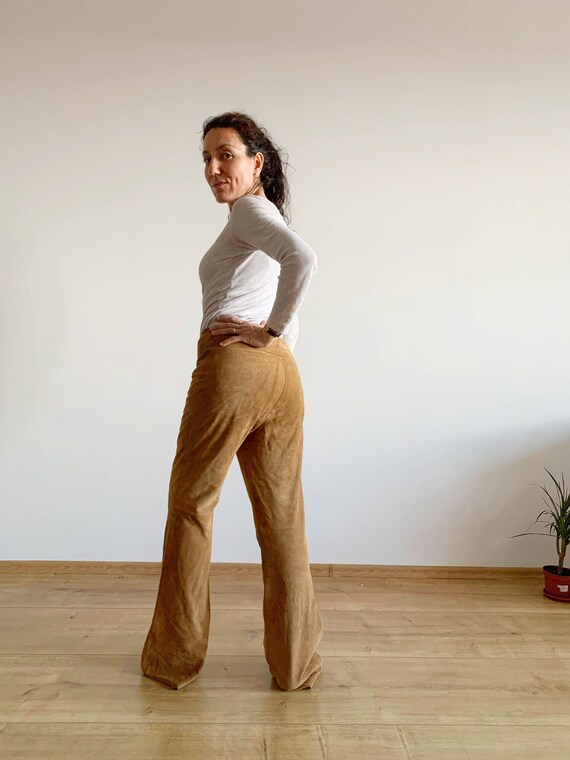 Vintage 90s Suede Leather Pants for Women Size L, Camel Brown Flare Bootcut Trousers, Western Cowboy Wide Leg Trousers, Nubuck Leather Pants