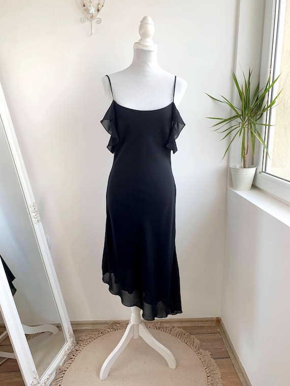 Vintage 90s Little Black Dress M, Spaghetti Strap Asymmetrical Dress, Chiffon Elegant Slip Dress, Evening Party Dress, Summer Midi Dress