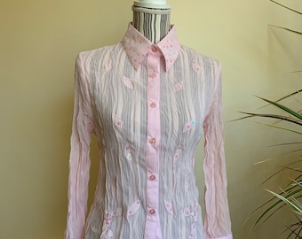 Blusa vintage transparente con lentejuelas para mujer, top de tul rosa pálido, camisa abotonada con cuello transparente de los años 90, top con superposición de malla, talla S M