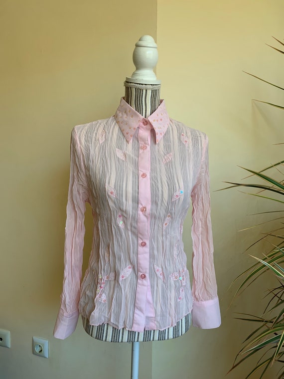 Vintage Sheer Sequin Blouse for Women, Pale Pink Tulle Top, 90s See Through Collared Button Up Shirt, Mesh Overlay Top Size S M