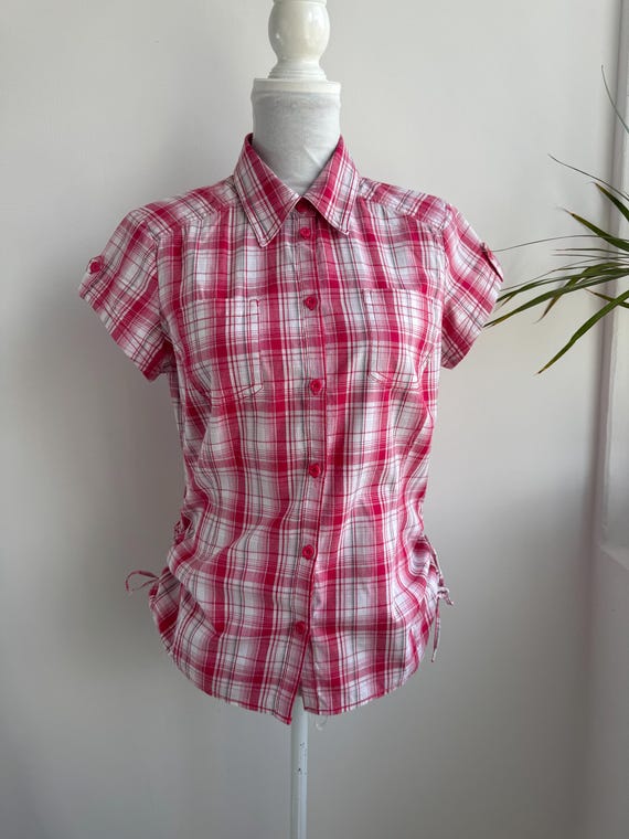 Vintage Y2K Red Pink Plaid Shirt Women, Hot Pink White Tartan Blouse, Short Sleeve Button Up, Western Cottagecore Checkered Top Size L