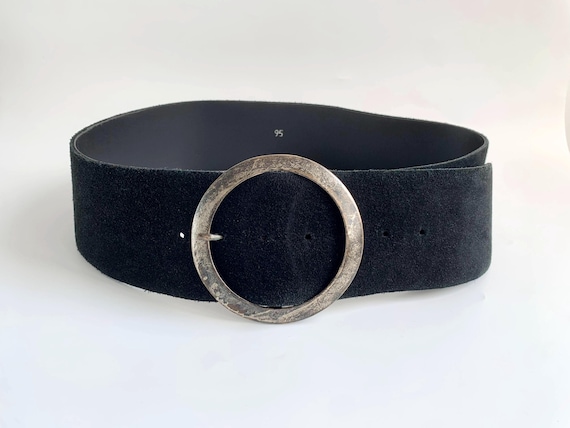 Vintage Black Suede Wide Waist Belt for Women 95 cm 37", 80s Statement Cinch Belt with Large Round Silver Buckle, Minimalist Boho Obi Belt