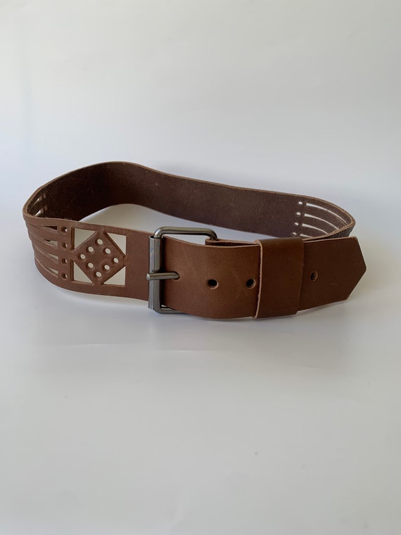 Vintage 80s Brown Leather Wide Waist Belt Boho Geometric Cut Out Women Waist Cincher, Distressed Genuine Leather Bohemian Festival Accessory