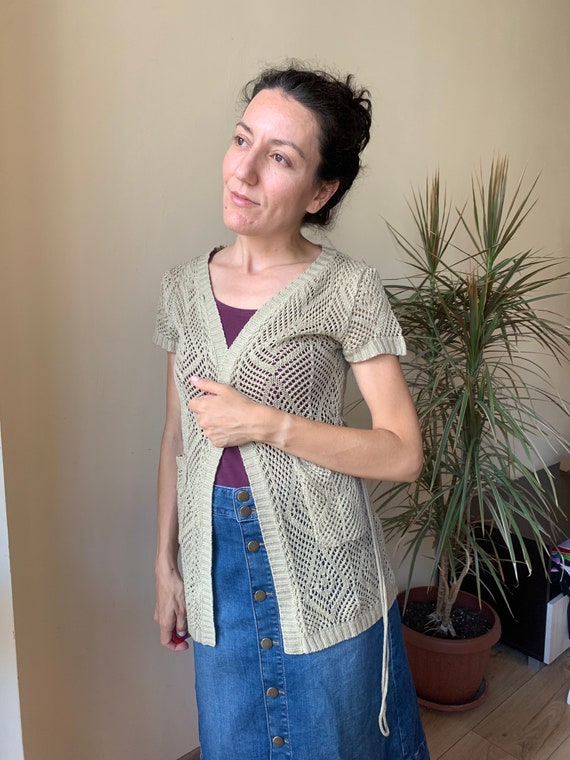 Vintage 90s Lace Knit Cardigan for Women Size XS/S, Open Front Short Sleeve Mesh Summer Sweater, Beige See Through Tie Up Beach Cover Up